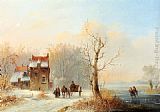 A Winter Landscape With Skaters On A Frozen waterway And A Horse-drawn Cart On A Snow-covered Track by Jacobus Van Der Stok